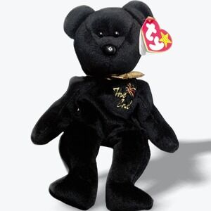 Vintage Ty Beanie Baby The End Black Bear Plush Gold Bow‎ Tie 2000 Retired